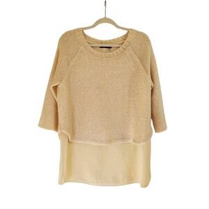 THML Ivory Sequin Layered 3/4 Sleeve Back Button Tunic Sweater Blouse, Sz Medium